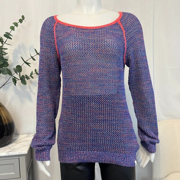 Large Roxy Open Knit Sweater Purple Pink Marled Raglan Long Sleeve Boat Neck Top - Picture 1 of 7